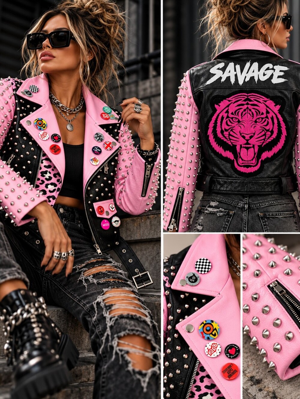 Y2K Pink Studded Vegan Leather Moto Jacket Punk Biker Tiger Cropped